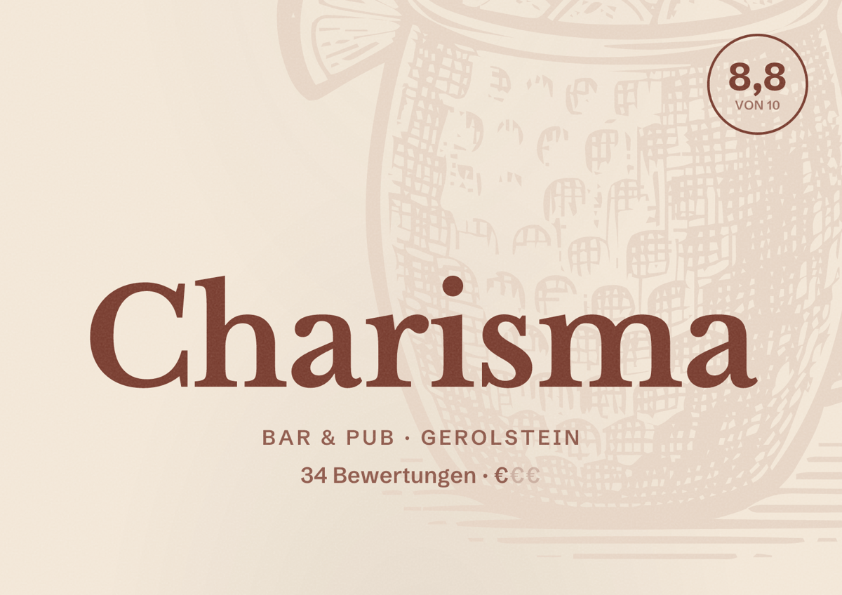 Illustriertes Poster von Charisma, Bar & Pub in Gerolstein: Bewertung 8,8 von 10 aus 34 Bewertungen, Preisniveau €