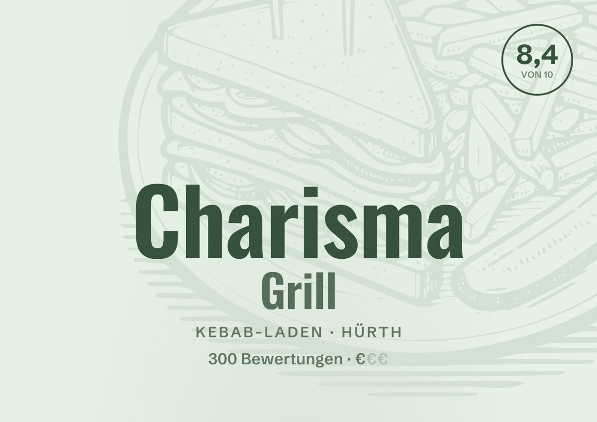 Illustriertes Poster von Charisma Grill, Kebab-Laden in Hürth: Bewertung 8,4 von 10 aus 300 Bewertungen, Preisniveau €