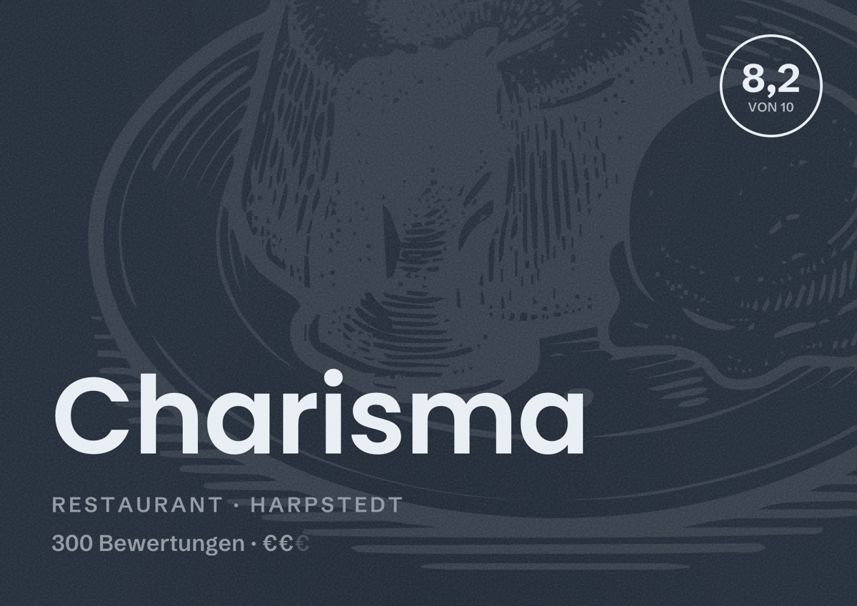 Illustriertes Poster von Charisma, Restaurant in Harpstedt: Bewertung 8,2 von 10 aus 300 Bewertungen, Preisniveau €€