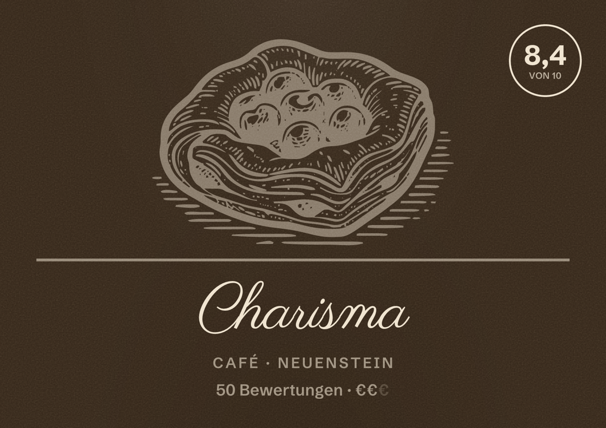 Illustriertes Poster von Charisma, Café in Neuenstein: Bewertung 8,4 von 10 aus 50 Bewertungen, Preisniveau €€