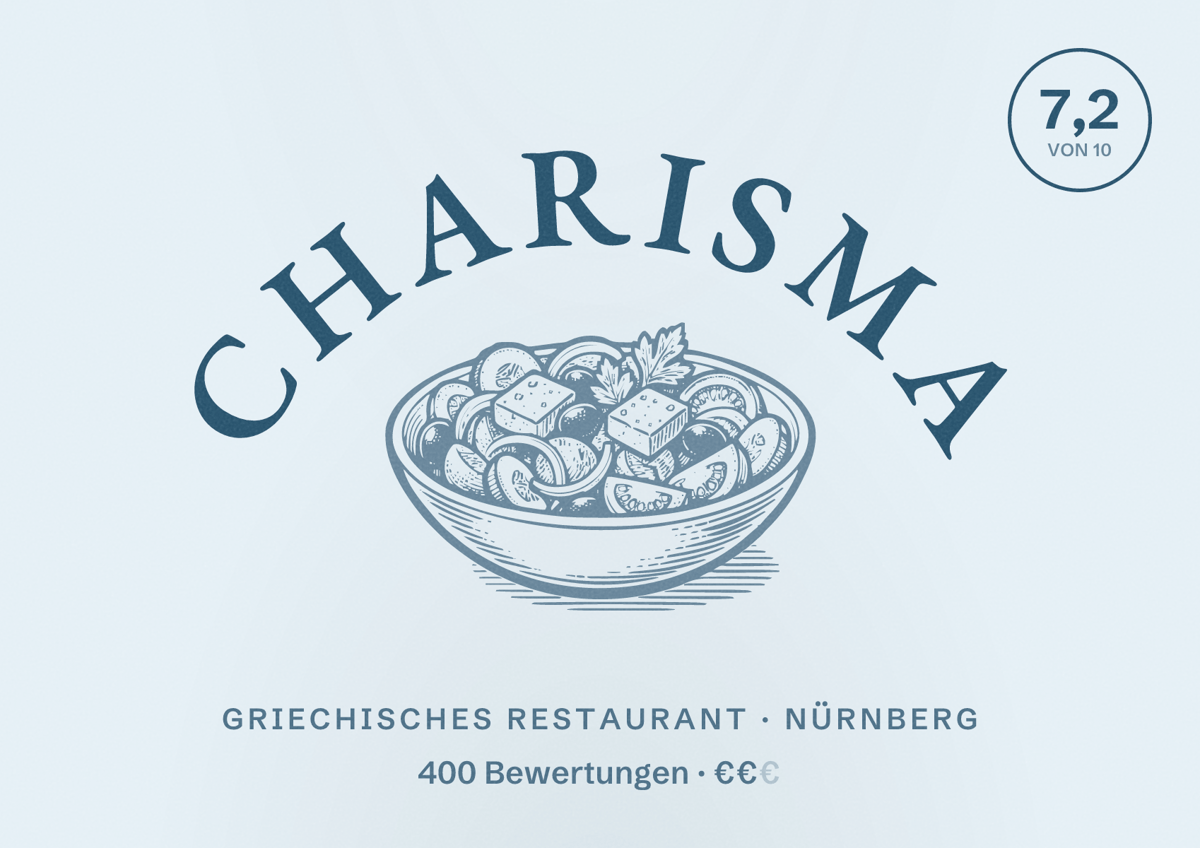 Illustriertes Poster von Charisma, Griechisches Restaurant in Nürnberg: Bewertung 7,2 von 10 aus 400 Bewertungen, Preisniveau €€