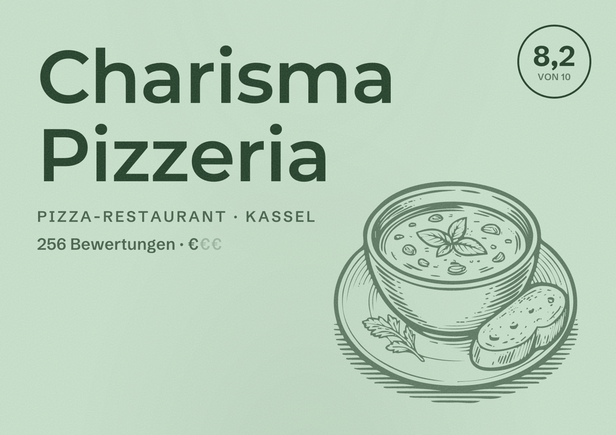 Illustriertes Poster von Charisma Pizzeria, Pizza-Restaurant in Kassel: Bewertung 8,2 von 10 aus 256 Bewertungen, Preisniveau €