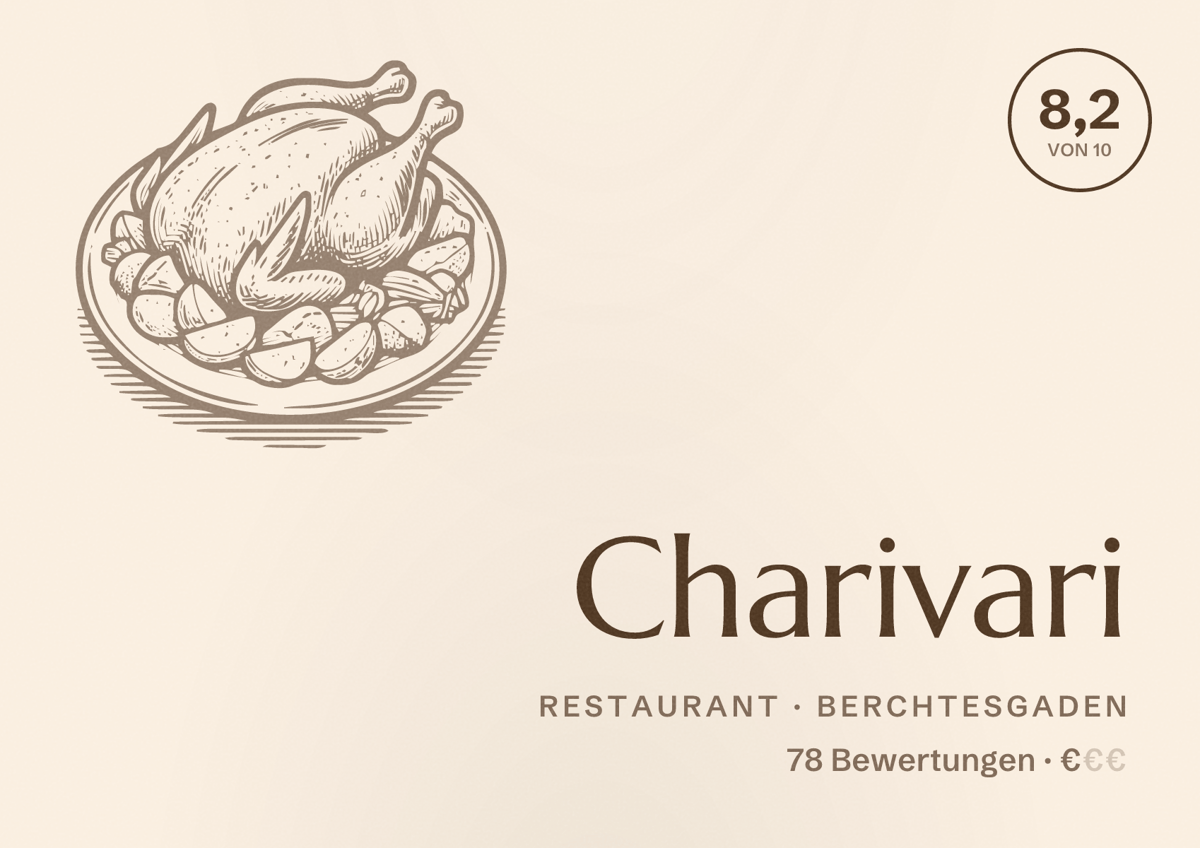 Illustriertes Poster von Charivari, Restaurant in Berchtesgaden: Bewertung 8,2 von 10 aus 78 Bewertungen, Preisniveau €