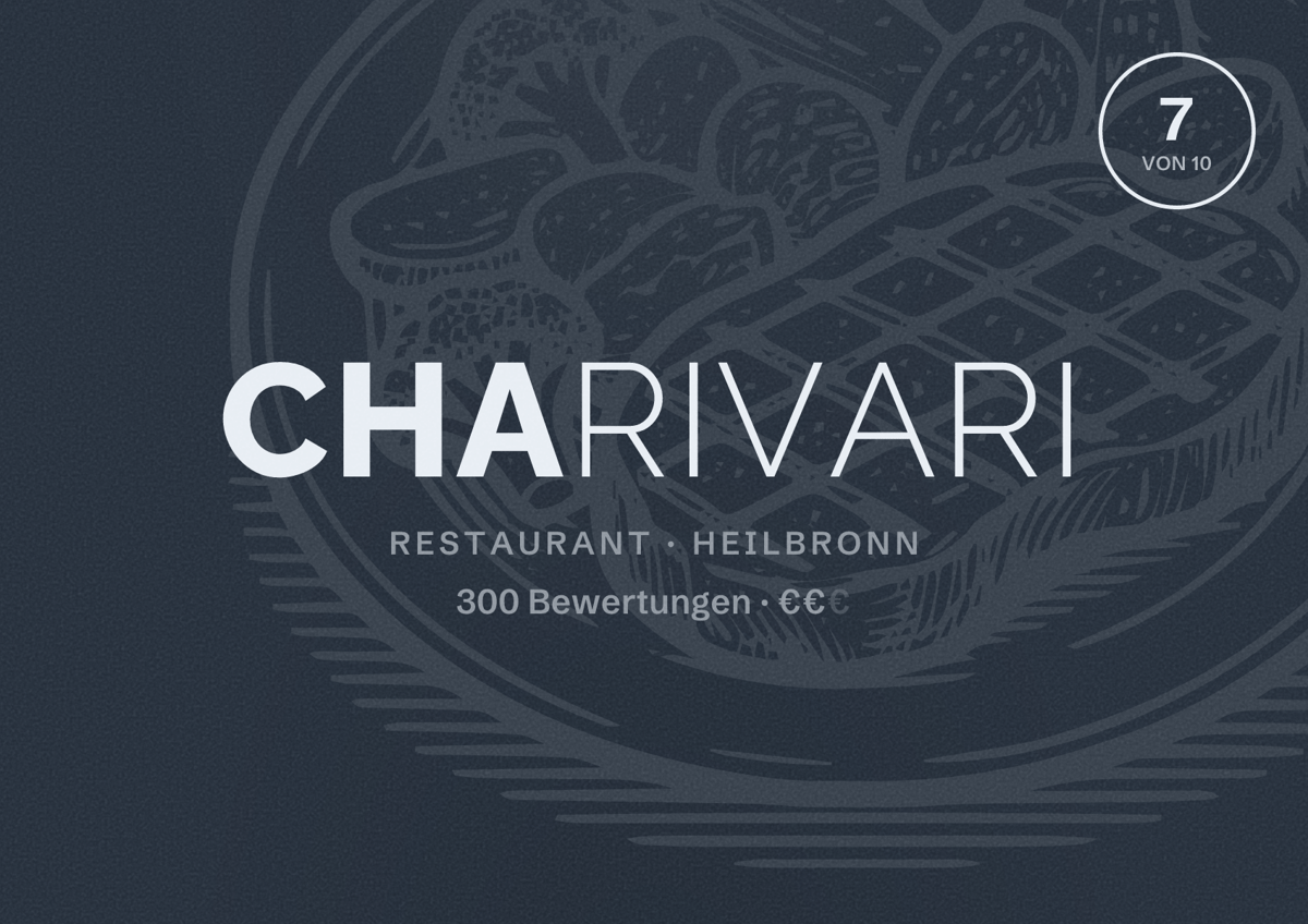 Illustriertes Poster von Charivari, Restaurant in Heilbronn: Bewertung 7 von 10 aus 300 Bewertungen, Preisniveau €€