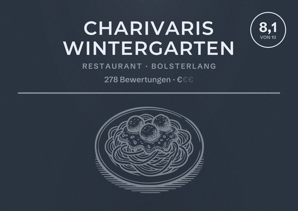 Illustriertes Poster von Charivaris Wintergarten, Restaurant in Bolsterlang: Bewertung 8,1 von 10 aus 278 Bewertungen, Preisniveau €