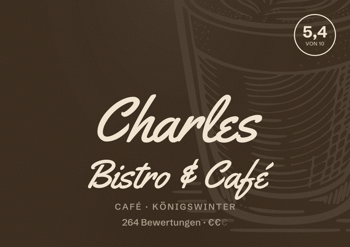 Illustriertes Poster von Charles Bistro & Café, Café in Königswinter: Bewertung 5,4 von 10 aus 264 Bewertungen, Preisniveau €€