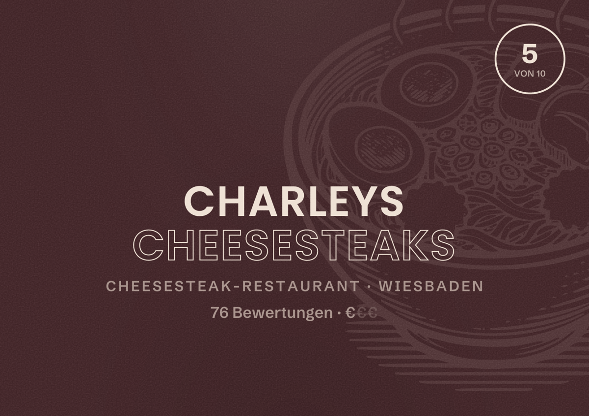 Illustriertes Poster von Charleys Cheesesteaks, Cheesesteak-Restaurant in Wiesbaden: Bewertung 5,0 von 10 aus 76 Bewertungen, Preisniveau €