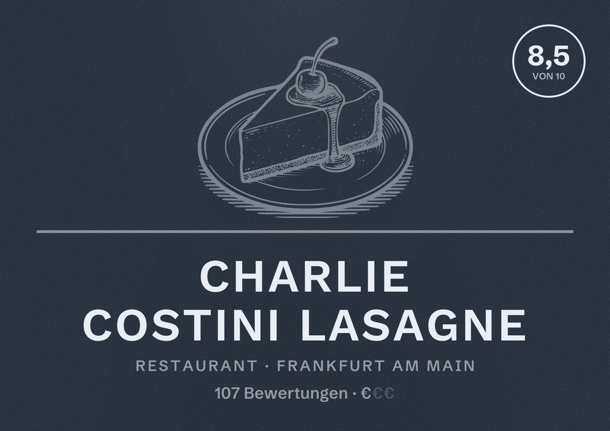 Illustriertes Poster von Charlie Costini Lasagne, Restaurant in Frankfurt am Main: Bewertung 8,5 von 10 aus 107 Bewertungen, Preisniveau €