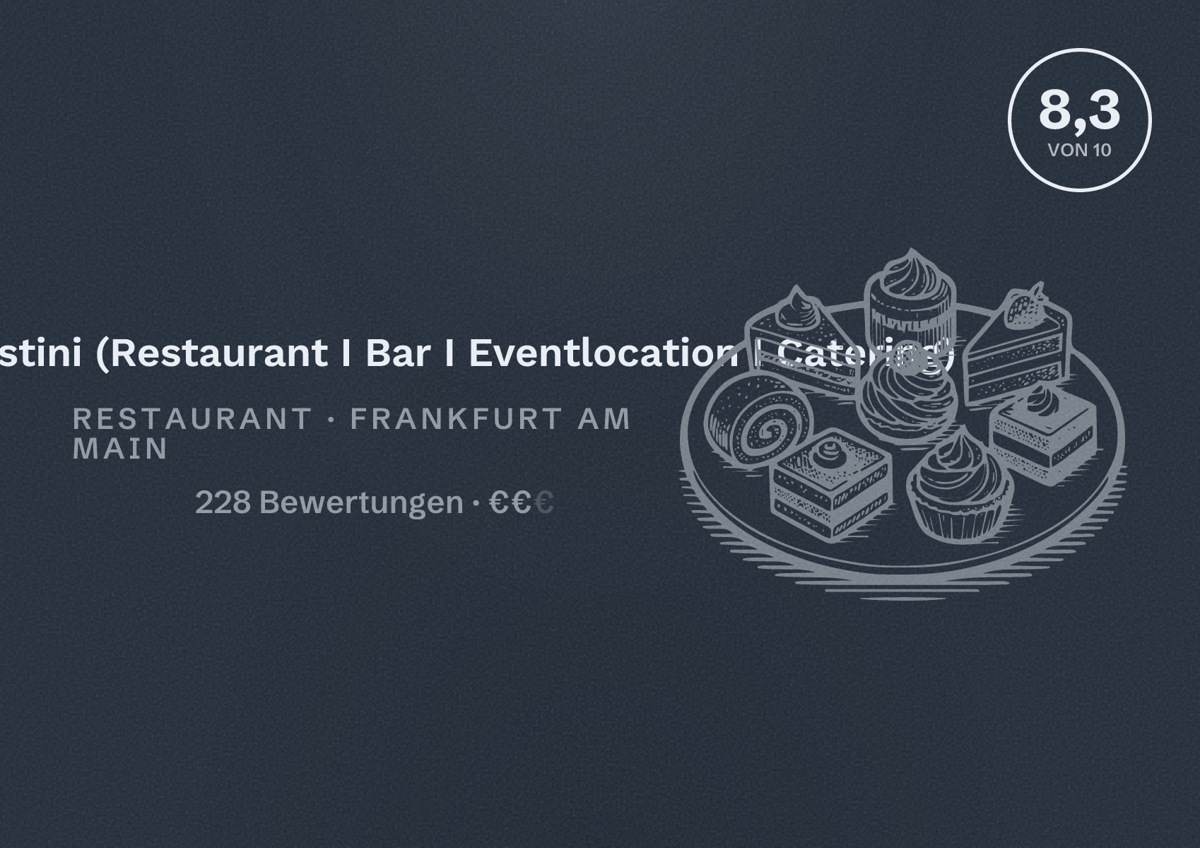 Illustriertes Poster von Charlie Costini (Restaurant I Bar I Eventlocation I Catering), Restaurant in Frankfurt am Main: Bewertung 8,3 von 10 aus 228 Bewertungen, Preisniveau €€