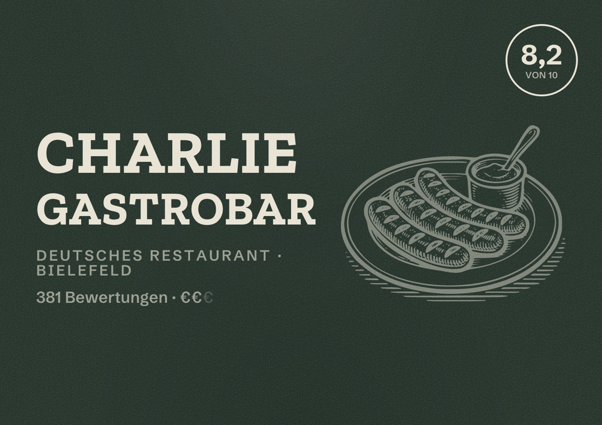 Illustriertes Poster von charlie Gastrobar, Deutsches Restaurant in Bielefeld: Bewertung 8,2 von 10 aus 381 Bewertungen, Preisniveau €€