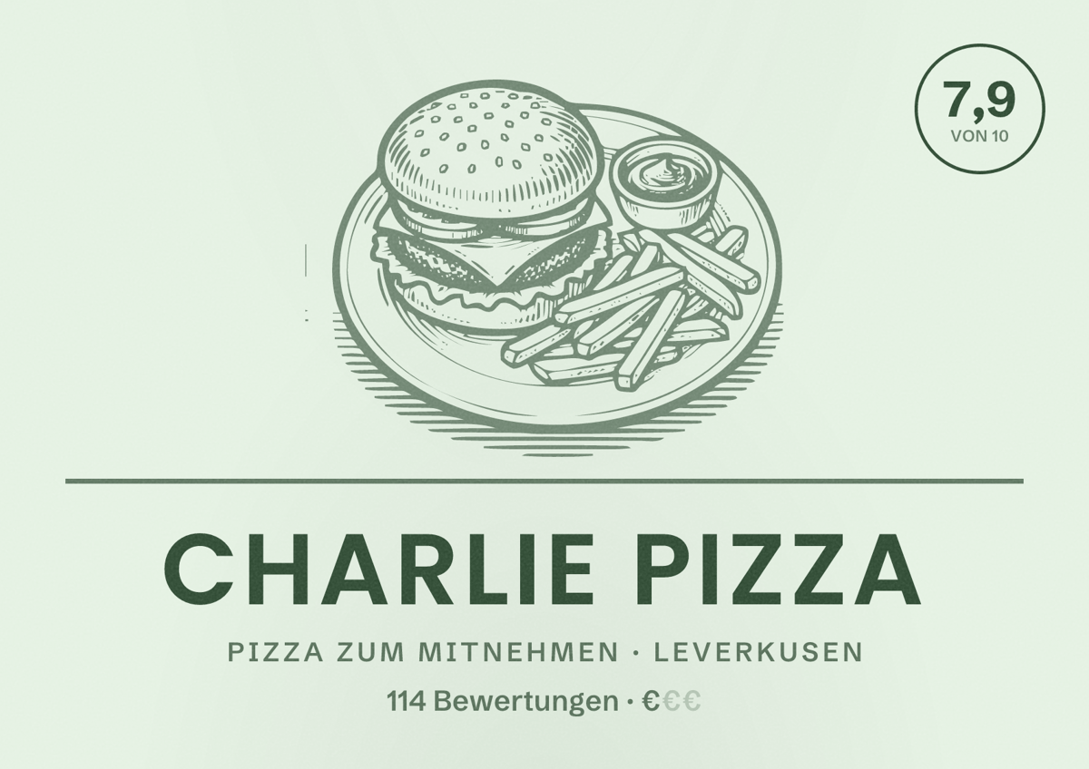 Illustriertes Poster von Charlie Pizza, Pizza zum Mitnehmen in Leverkusen: Bewertung 7,9 von 10 aus 114 Bewertungen, Preisniveau €