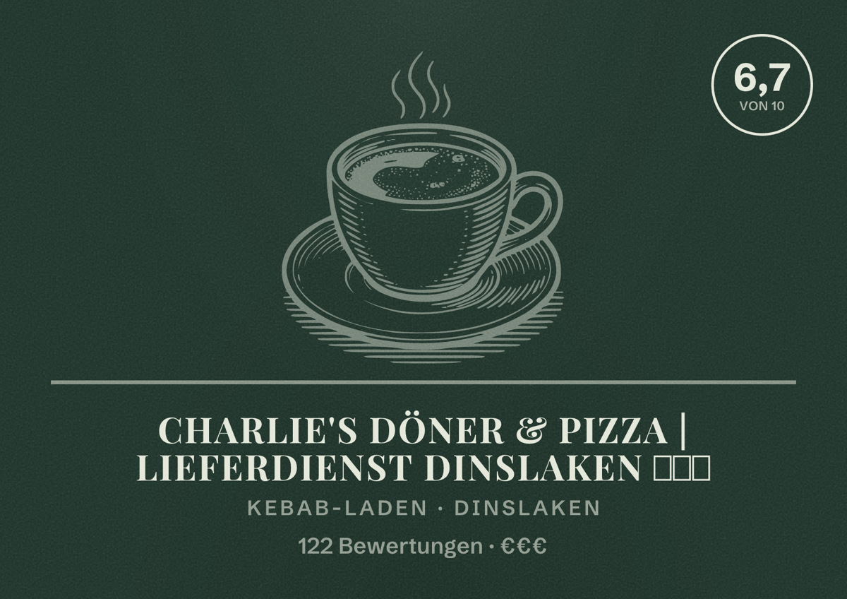 Illustriertes Poster von Charlie's Döner & Pizza | Lieferdienst Dinslaken ️🥙🍕, Kebab-Laden in Dinslaken: Bewertung 6,7 von 10 aus 122 Bewertungen, Preisniveau €€€