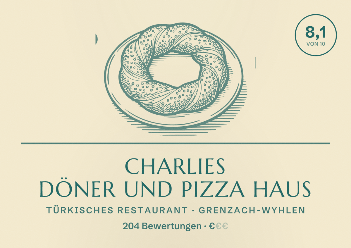 Illustriertes Poster von Charlies Döner und Pizza Haus, Türkisches Restaurant in Grenzach-Wyhlen: Bewertung 8,1 von 10 aus 204 Bewertungen, Preisniveau €