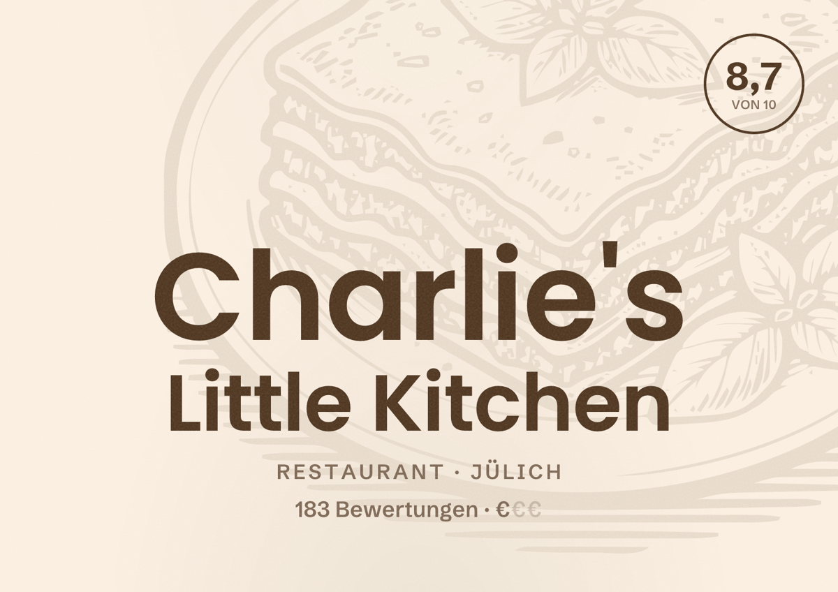 Illustriertes Poster von Charlie's Little Kitchen, Restaurant in Jülich: Bewertung 8,7 von 10 aus 183 Bewertungen, Preisniveau €