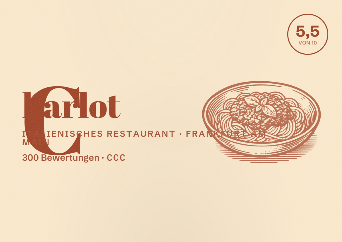 Illustriertes Poster von Charlot, Italienisches Restaurant in Frankfurt am Main: Bewertung 5,5 von 10 aus 300 Bewertungen, Preisniveau €€€