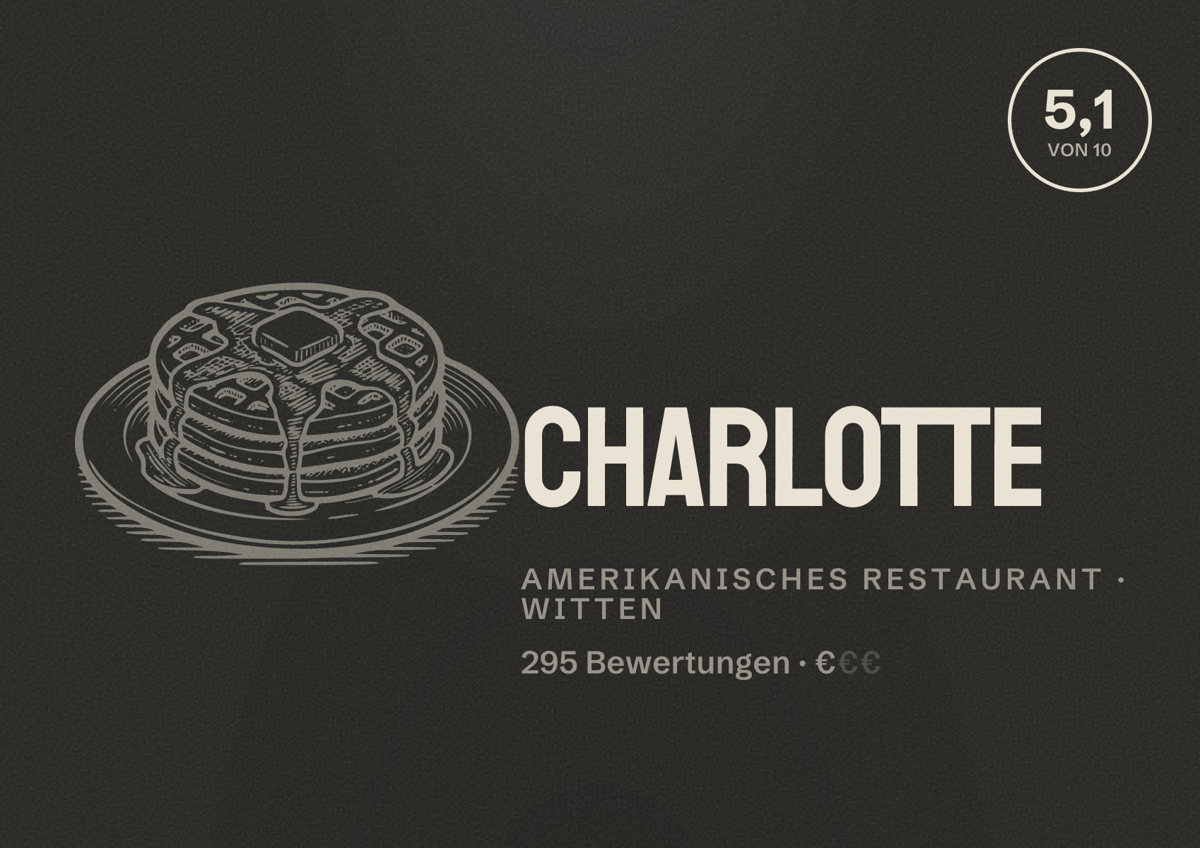 Illustriertes Poster von Charlotte, Amerikanisches Restaurant in Witten: Bewertung 5,1 von 10 aus 295 Bewertungen, Preisniveau €