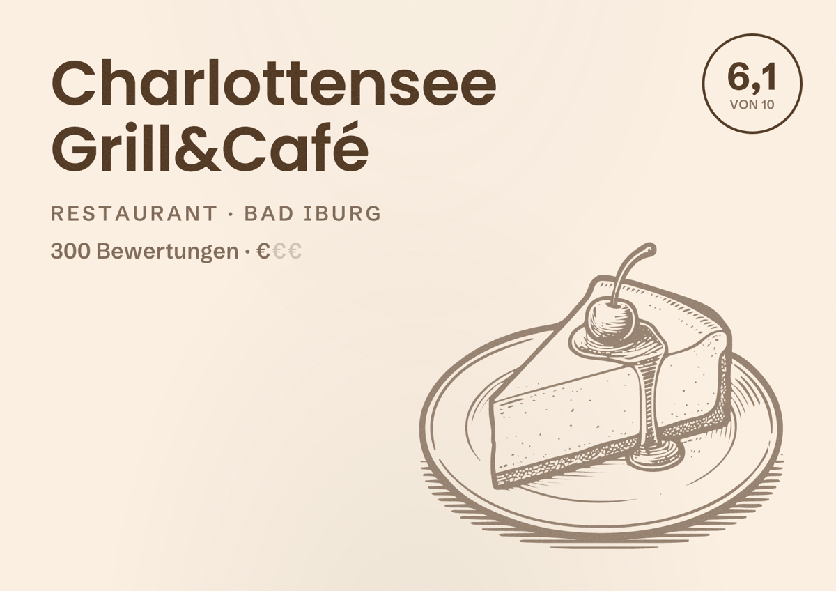 Illustriertes Poster von Charlottensee Grill&Café, Restaurant in Bad Iburg: Bewertung 6,1 von 10 aus 300 Bewertungen, Preisniveau €