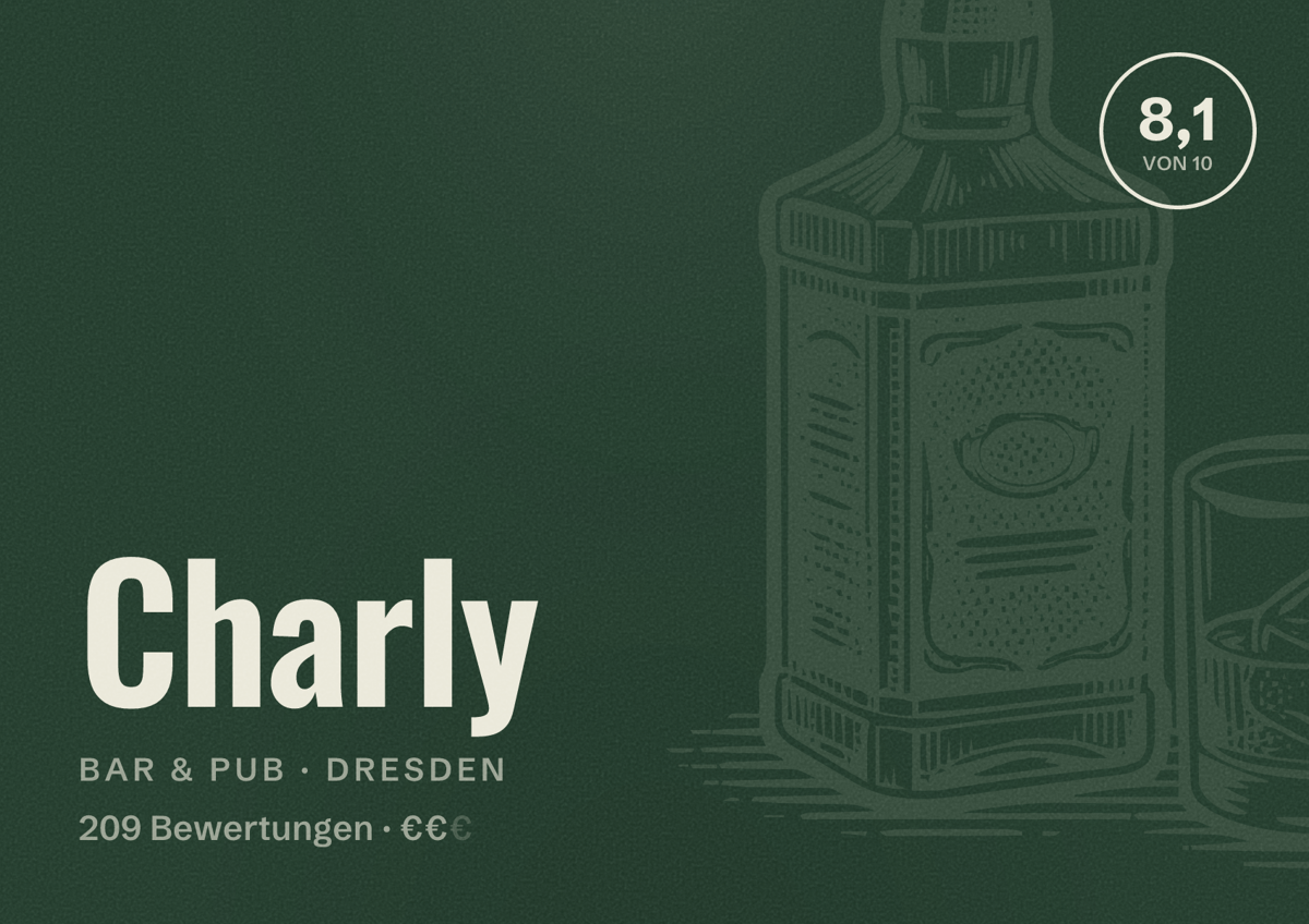 Illustriertes Poster von Charly, Bar & Pub in Dresden: Bewertung 8,1 von 10 aus 209 Bewertungen, Preisniveau €€