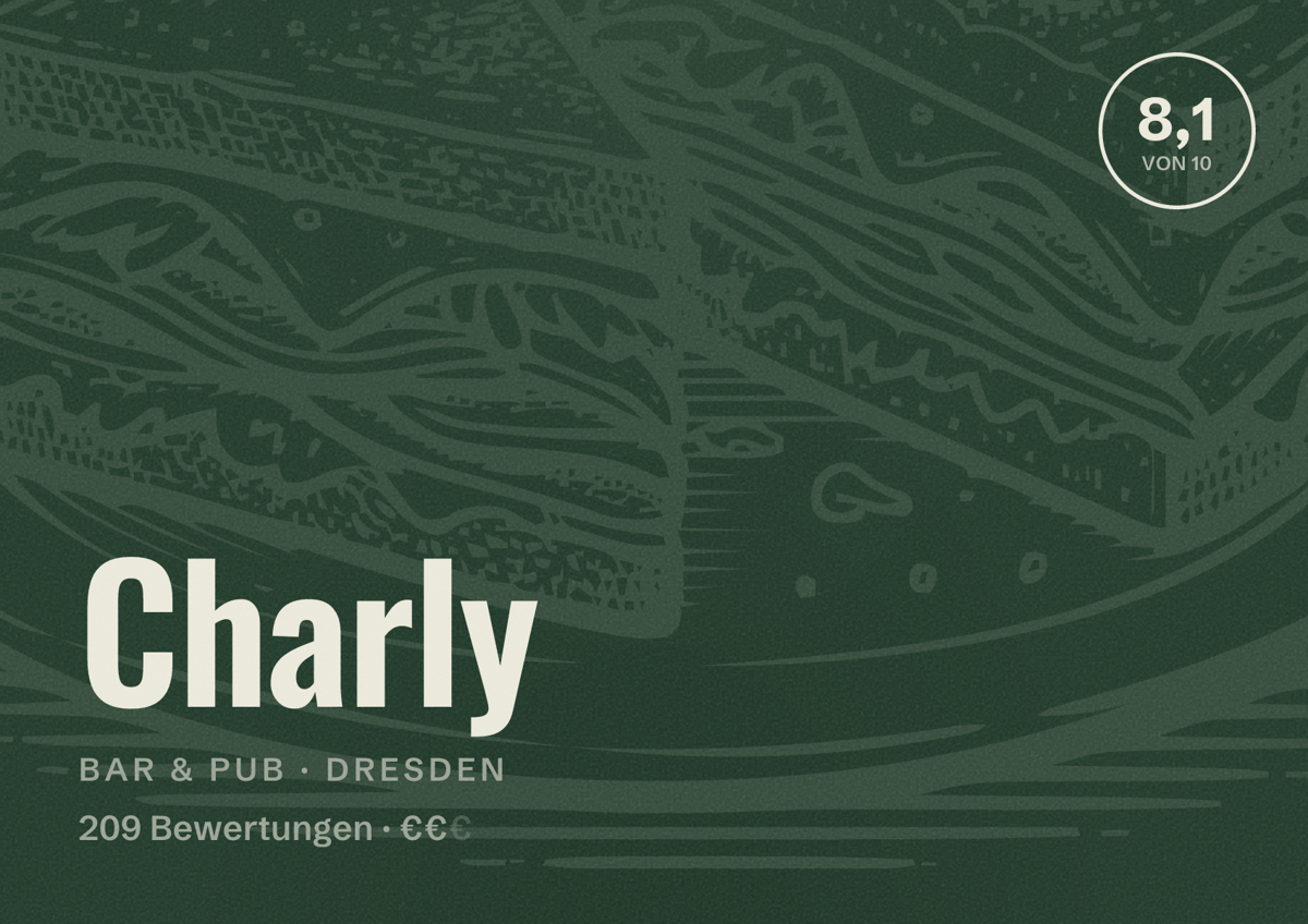 Illustriertes Poster von Charly, Bar & Pub in Dresden: Bewertung 8,1 von 10 aus 209 Bewertungen, Preisniveau €€
