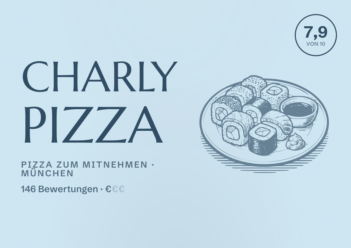 Illustriertes Poster von Charly Pizza, Pizza zum Mitnehmen in München: Bewertung 7,9 von 10 aus 146 Bewertungen, Preisniveau €