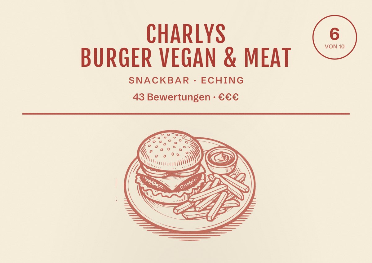 Illustriertes Poster von Charlys Burger vegan & meat, Snackbar in Eching: Bewertung 6 von 10 aus 43 Bewertungen, Preisniveau €€€