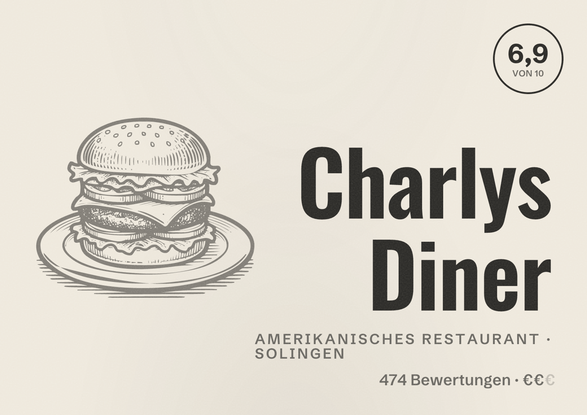 Illustriertes Poster von Charlys Diner, Amerikanisches Restaurant in Solingen: Bewertung 6,9 von 10 aus 474 Bewertungen, Preisniveau €€