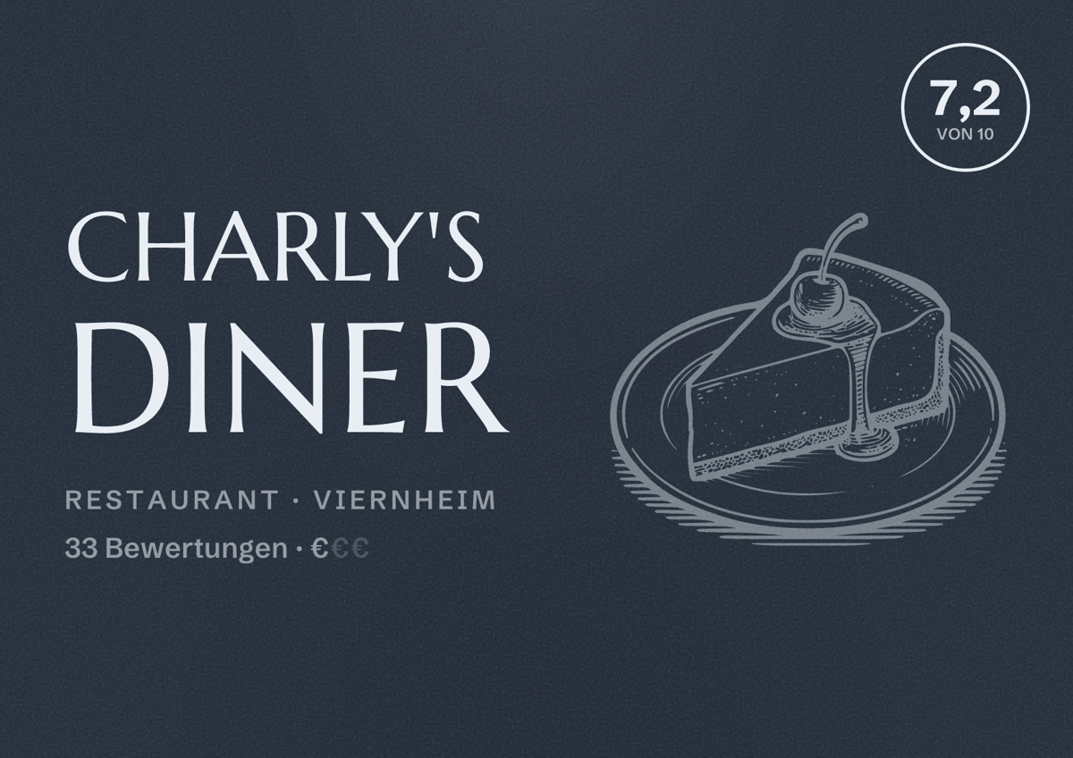 Illustriertes Poster von Charly's Diner, Restaurant in Viernheim: Bewertung 7,2 von 10 aus 33 Bewertungen, Preisniveau €