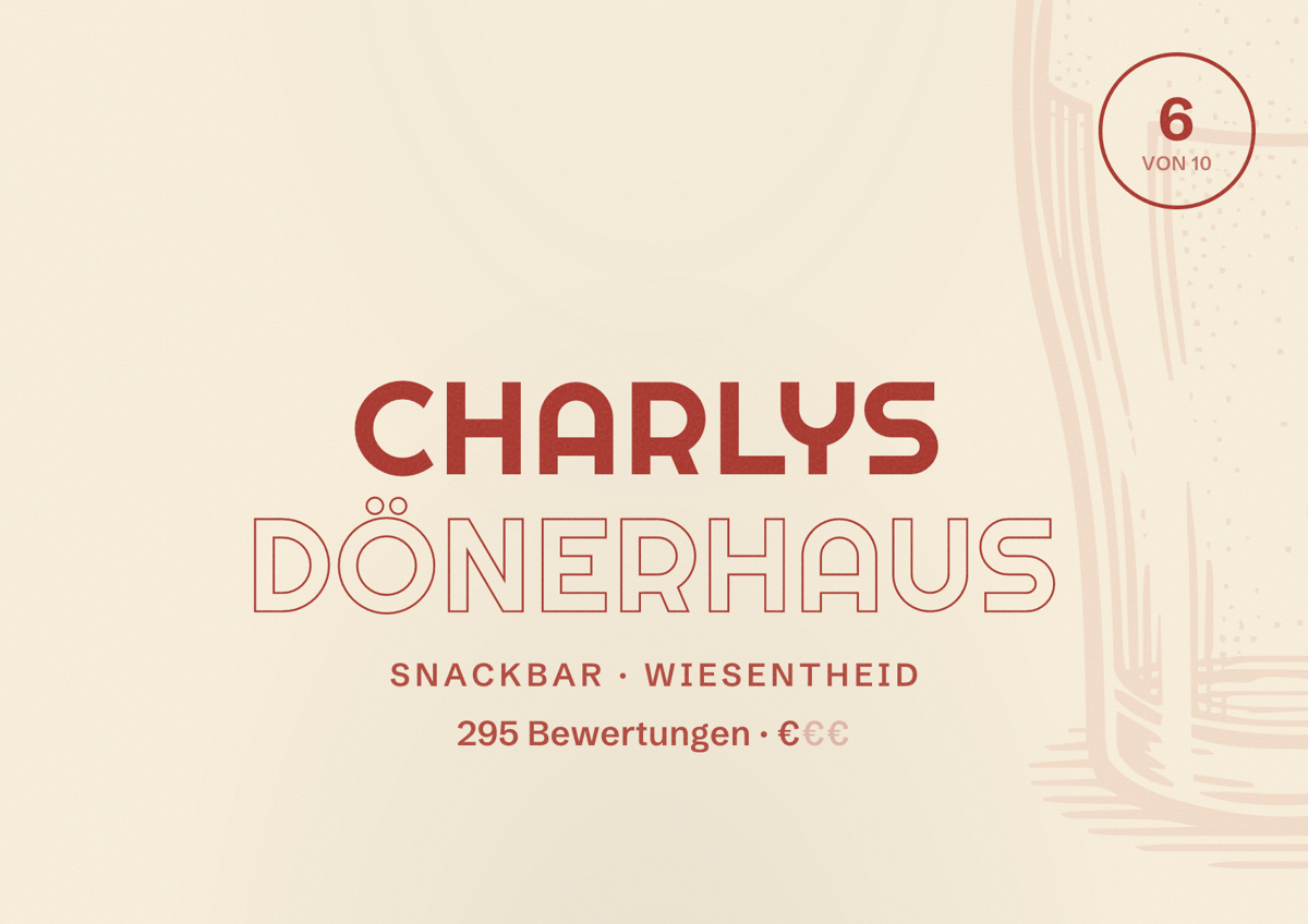Illustriertes Poster von Charlys Dönerhaus, Snackbar in Wiesentheid: Bewertung 6 von 10 aus 295 Bewertungen, Preisniveau €