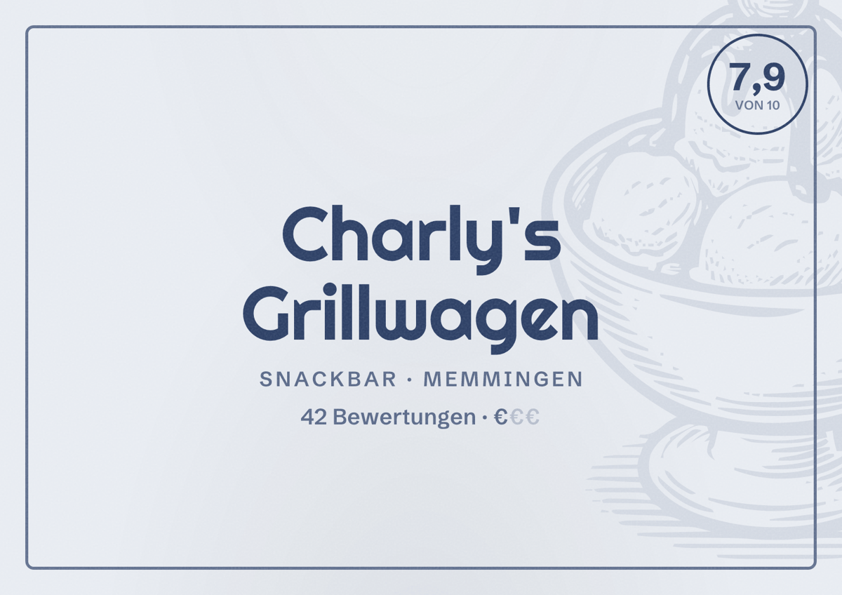 Illustriertes Poster von Charly's Grillwagen, Snackbar in Memmingen: Bewertung 7,9 von 10 aus 42 Bewertungen, Preisniveau €