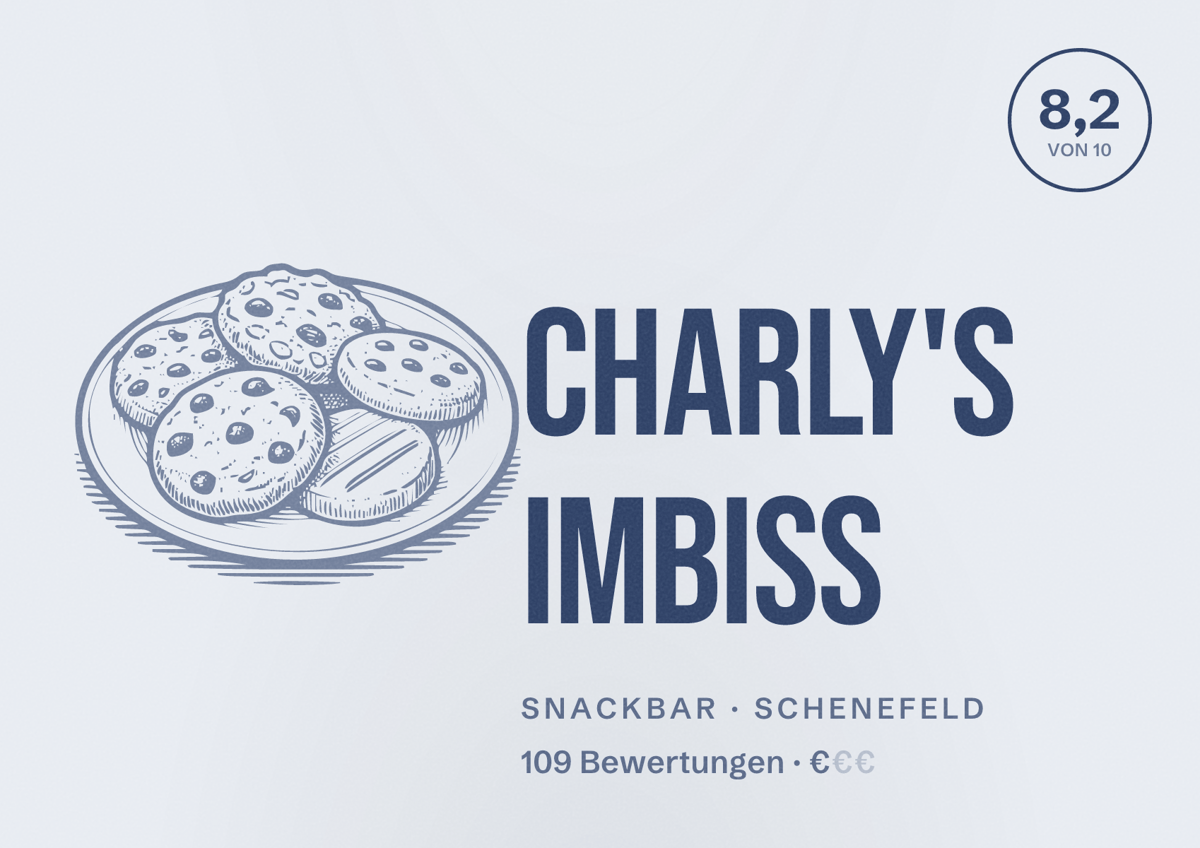 Illustriertes Poster von Charly's Imbiss, Snackbar in Schenefeld: Bewertung 8,2 von 10 aus 109 Bewertungen, Preisniveau €