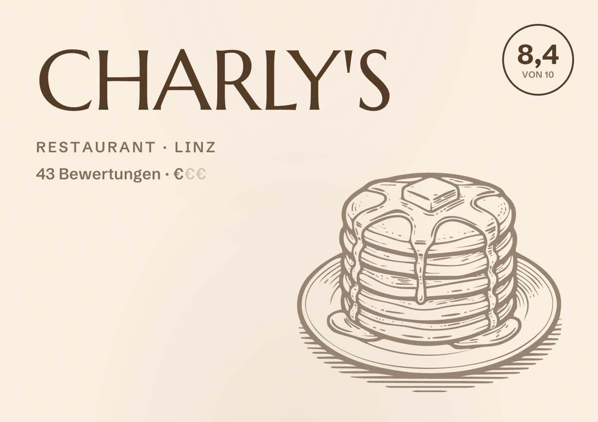 Illustriertes Poster von CHARLY'S, Restaurant in Linz: Bewertung 8,4 von 10 aus 43 Bewertungen, Preisniveau €