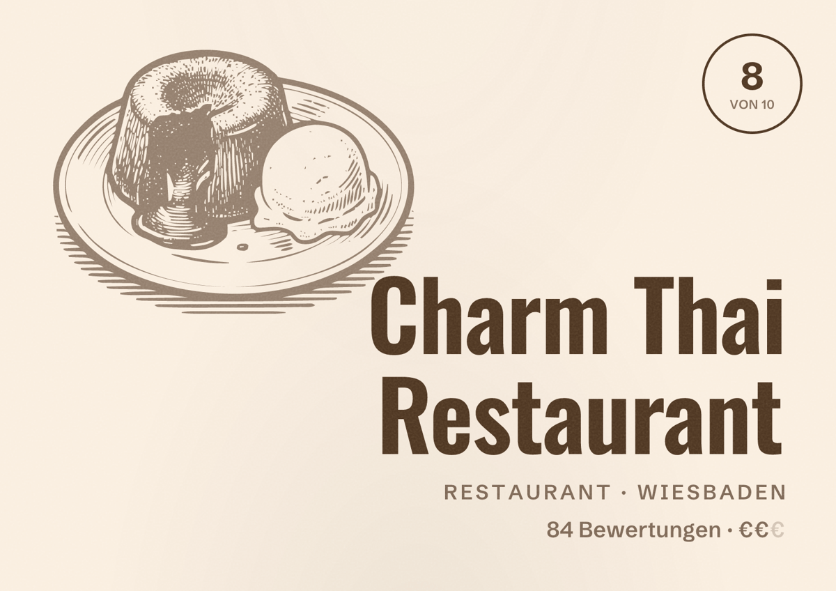 Illustriertes Poster von Charm Thai Restaurant, Restaurant in Wiesbaden: Bewertung 8,0 von 10 aus 84 Bewertungen, Preisniveau €€