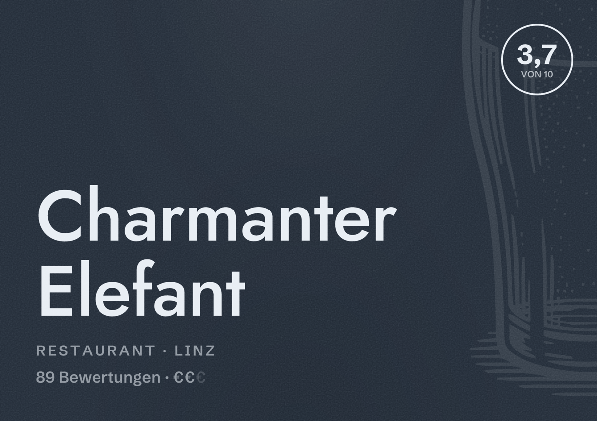 Illustriertes Poster von Charmanter Elefant, Restaurant in Linz: Bewertung 3,7 von 10 aus 89 Bewertungen, Preisniveau €€