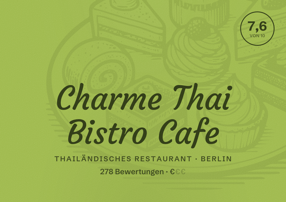 Illustriertes Poster von Charme Thai Bistro Cafe, Thailändisches Restaurant in Berlin: Bewertung 7,6 von 10 aus 278 Bewertungen, Preisniveau €