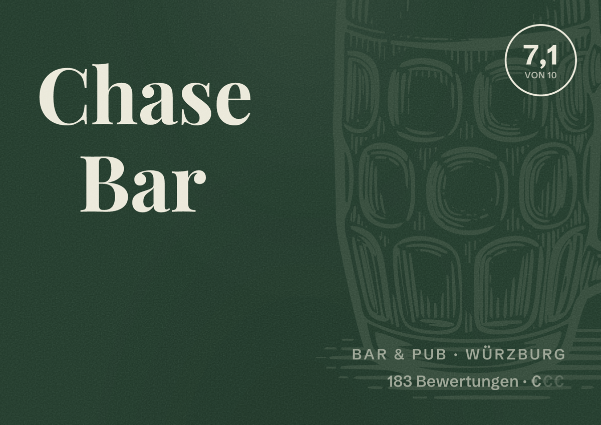 Illustriertes Poster von Chase Bar, Bar & Pub in Würzburg: Bewertung 7,1 von 10 aus 183 Bewertungen, Preisniveau €