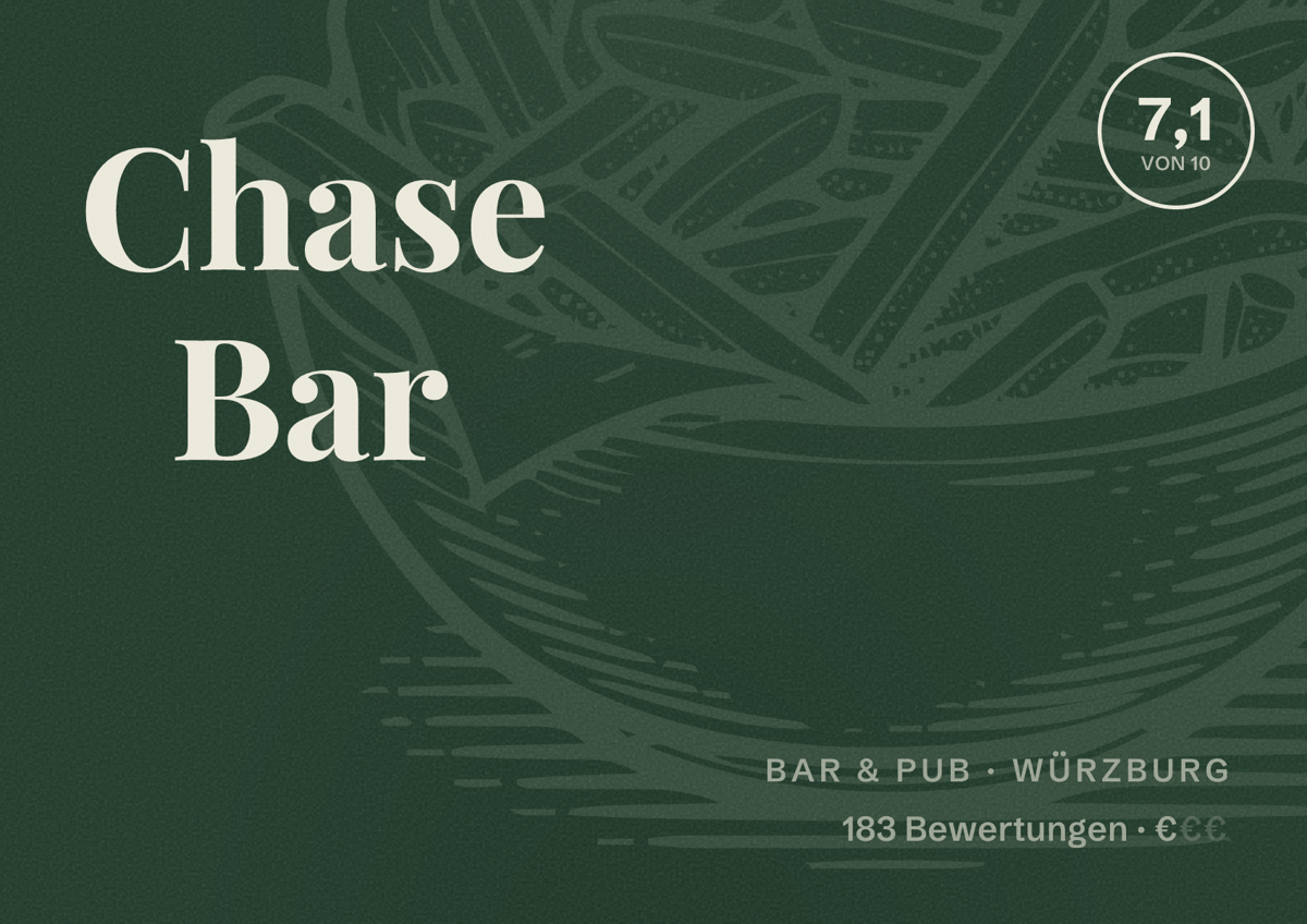 Illustriertes Poster von Chase Bar, Bar & Pub in Würzburg: Bewertung 7,1 von 10 aus 183 Bewertungen, Preisniveau €