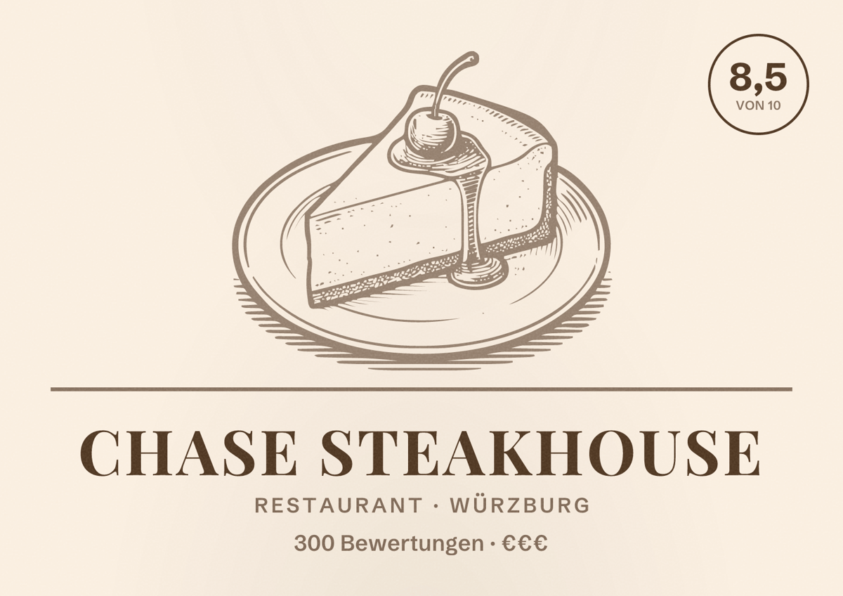 Illustriertes Poster von Chase Steakhouse, Restaurant in Würzburg: Bewertung 8,5 von 10 aus 300 Bewertungen, Preisniveau €€€