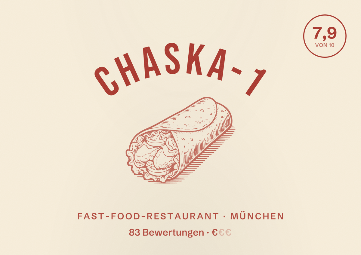 Illustriertes Poster von Chaska-1, Fast-Food-Restaurant in München: Bewertung 7,9 von 10 aus 83 Bewertungen, Preisniveau €