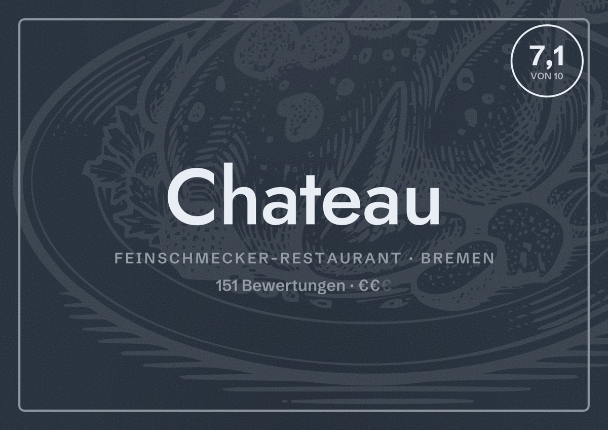 Illustriertes Poster von Chateau, Feinschmecker-Restaurant in Bremen: Bewertung 7,1 von 10 aus 151 Bewertungen, Preisniveau €€
