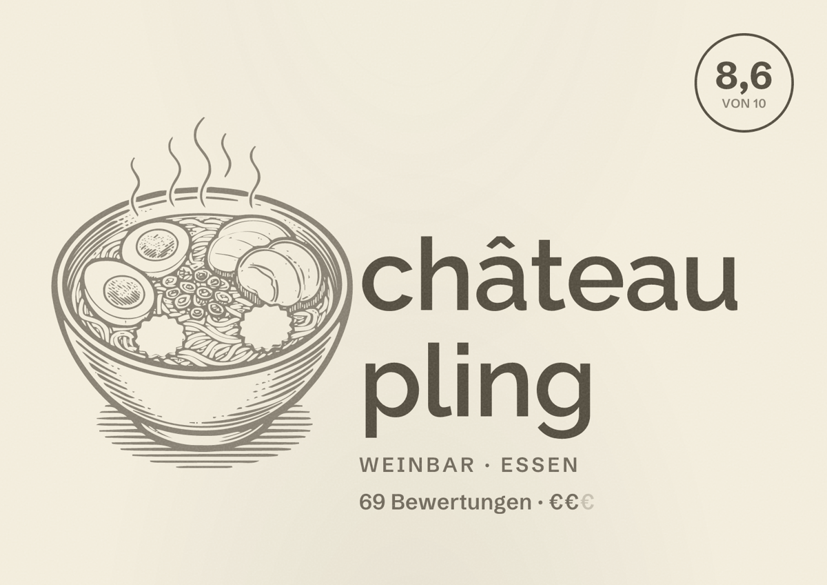 Illustriertes Poster von château pling, Weinbar in Essen: Bewertung 8,6 von 10 aus 69 Bewertungen, Preisniveau €€