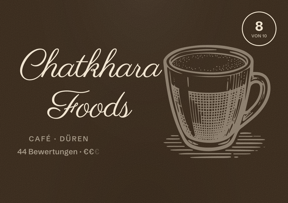 Illustriertes Poster von Chatkhara Foods, Café in Düren: Bewertung 8 von 10 aus 44 Bewertungen, Preisniveau €€