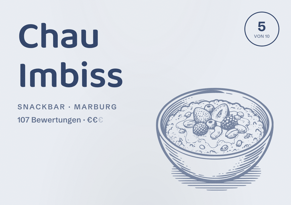 Illustriertes Poster von Chau Imbiss, Snackbar in Marburg: Bewertung 5 von 10 aus 107 Bewertungen, Preisniveau €€