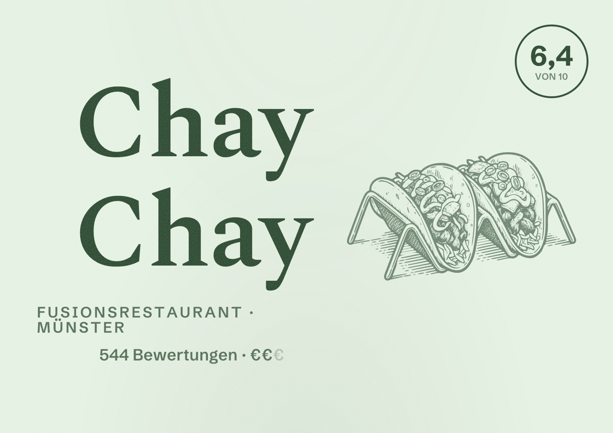 Illustriertes Poster von Chay Chay, Fusionsrestaurant in Münster: Bewertung 6,4 von 10 aus 544 Bewertungen, Preisniveau €€