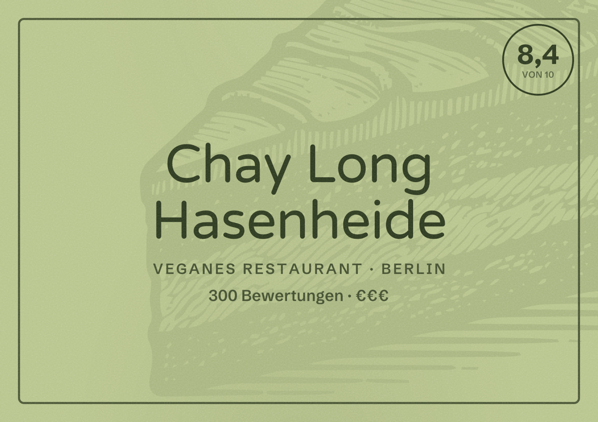 Illustriertes Poster von Chay Long Hasenheide, Veganes Restaurant in Berlin: Bewertung 8,4 von 10 aus 300 Bewertungen, Preisniveau €€€