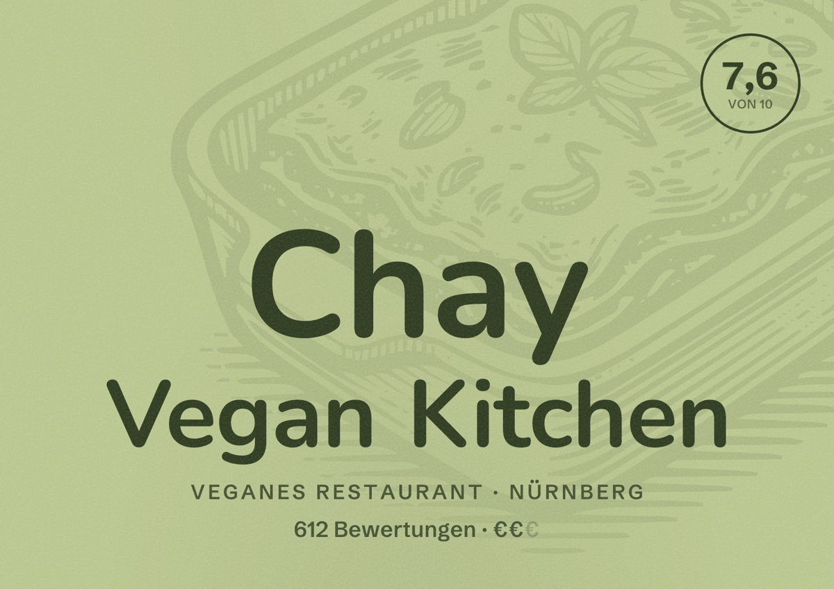 Illustriertes Poster von Chay Vegan Kitchen, Veganes Restaurant in Nürnberg: Bewertung 7,6 von 10 aus 612 Bewertungen, Preisniveau €€