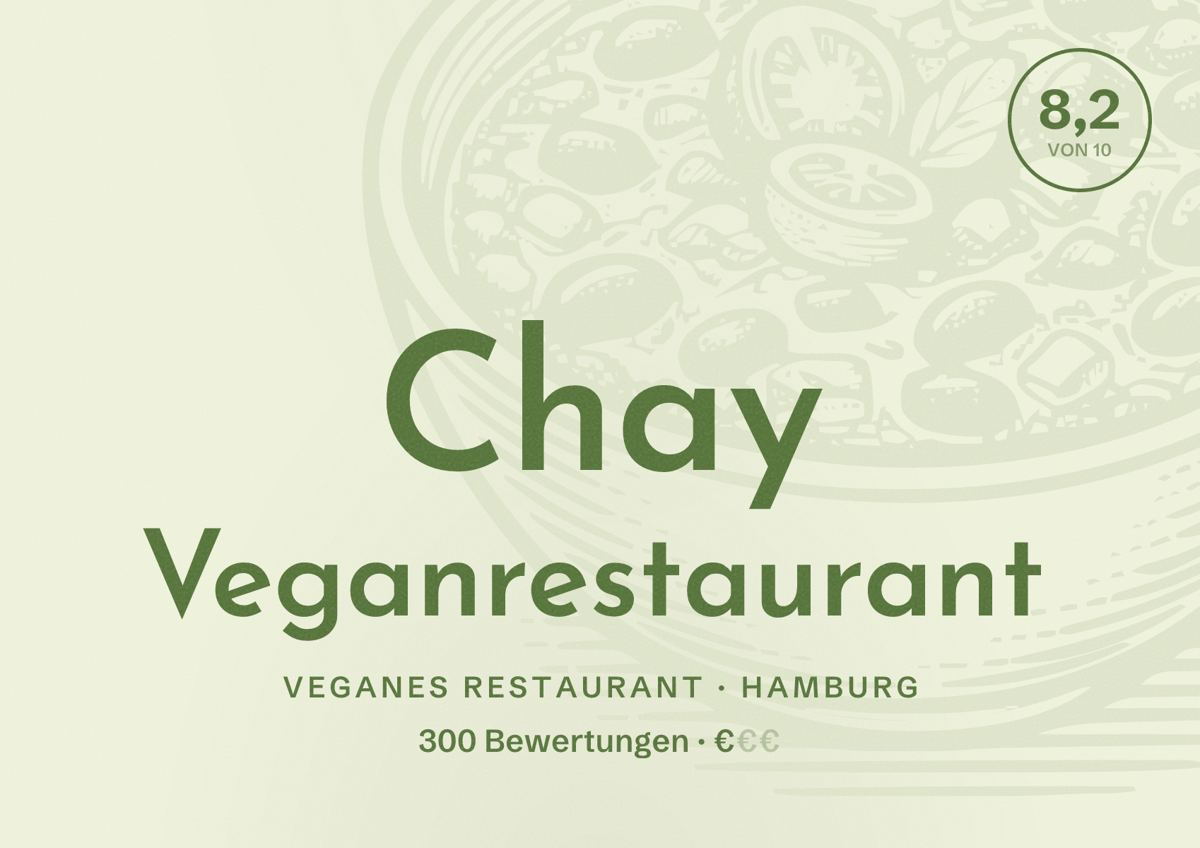 Illustriertes Poster von Chay Veganrestaurant, Veganes Restaurant in Hamburg: Bewertung 8,2 von 10 aus 300 Bewertungen, Preisniveau €