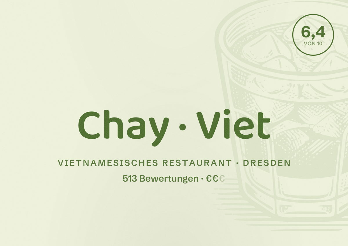 Illustriertes Poster von Chay Viet, Vietnamesisches Restaurant in Dresden: Bewertung 6,4 von 10 aus 513 Bewertungen, Preisniveau €€