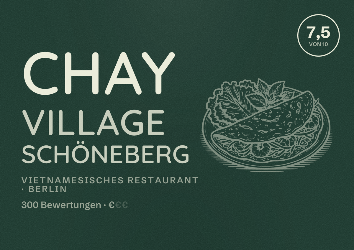 Illustriertes Poster von Chay Village Schöneberg, Vietnamesisches Restaurant in Berlin: Bewertung 7,5 von 10 aus 300 Bewertungen, Preisniveau €
