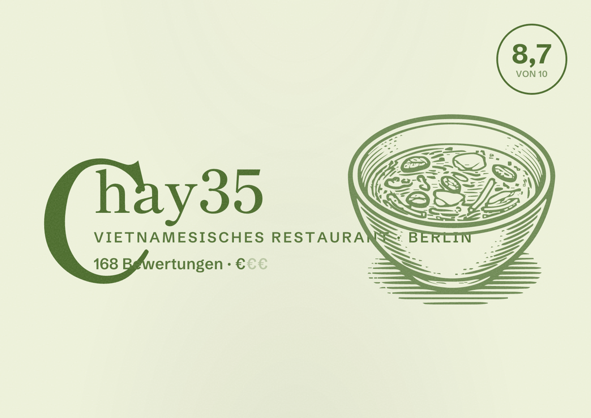 Illustriertes Poster von Chay35, Vietnamesisches Restaurant in Berlin: Bewertung 8,7 von 10 aus 168 Bewertungen, Preisniveau €