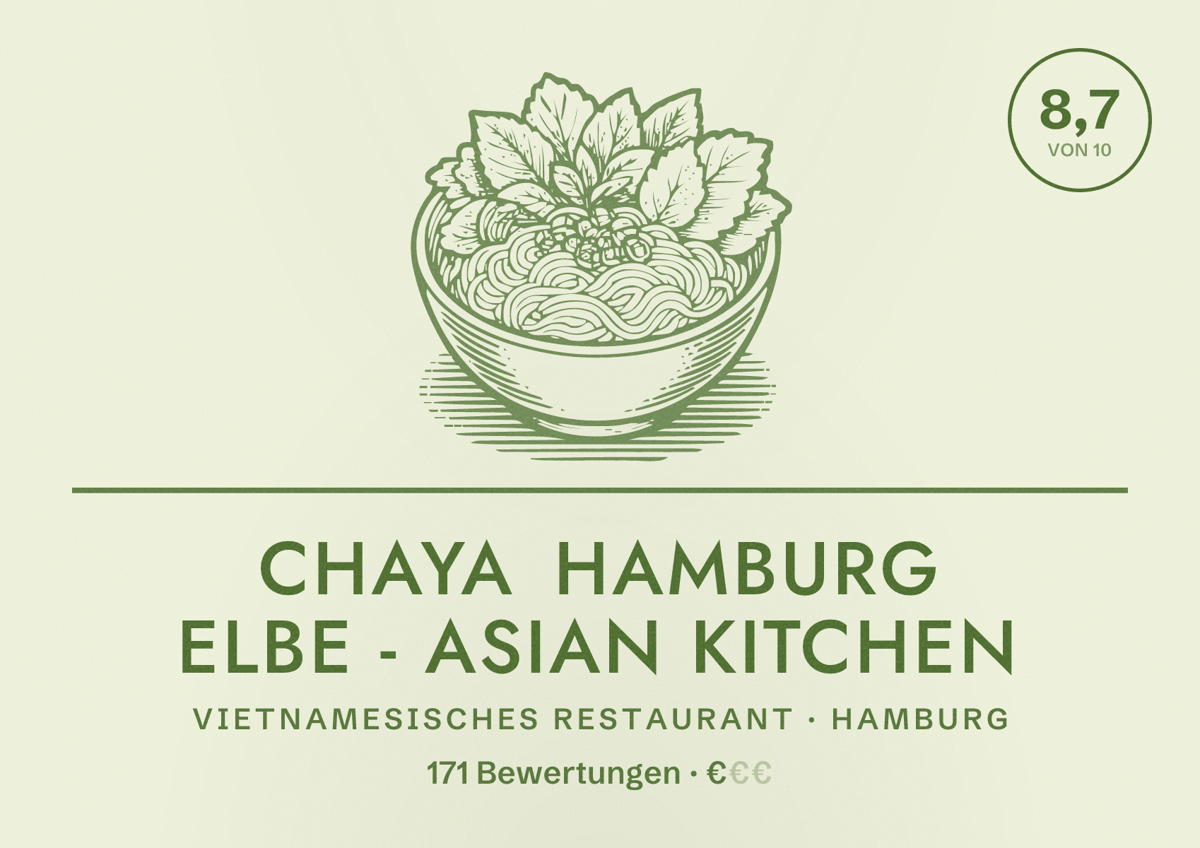 Illustriertes Poster von CHAYA Hamburg Elbe - Asian kitchen, Vietnamesisches Restaurant in Hamburg: Bewertung 8,7 von 10 aus 171 Bewertungen, Preisniveau €